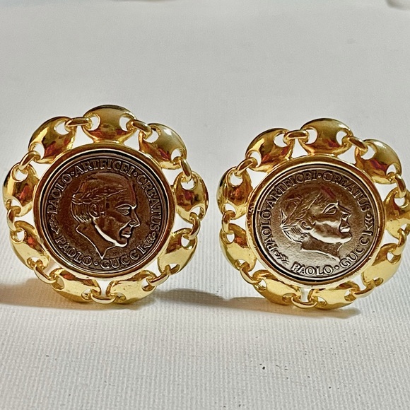 Gucci Coin Clip On Earrings Mariner Link Gold Silver Signed - Picture 1 of 5